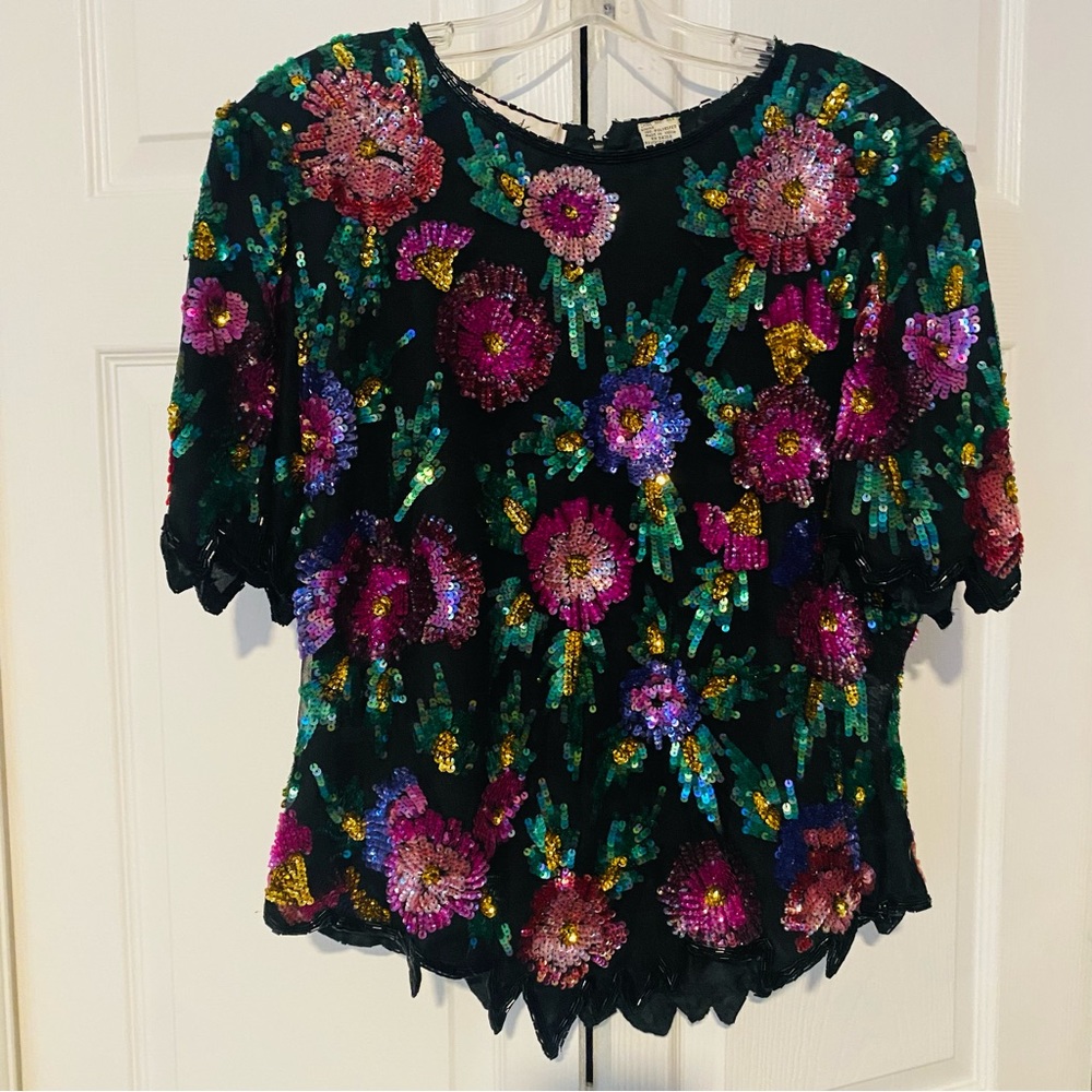 Vintage floral sequin beaded blouse top evening formal wear spring Easter bridal